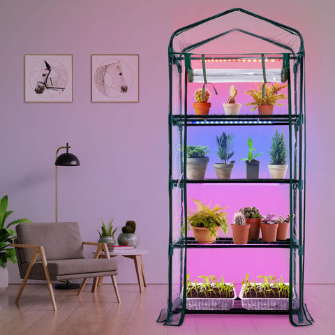 Meonum Adjustable shelves accommodate 10x20 seed trays and various plant sizes.