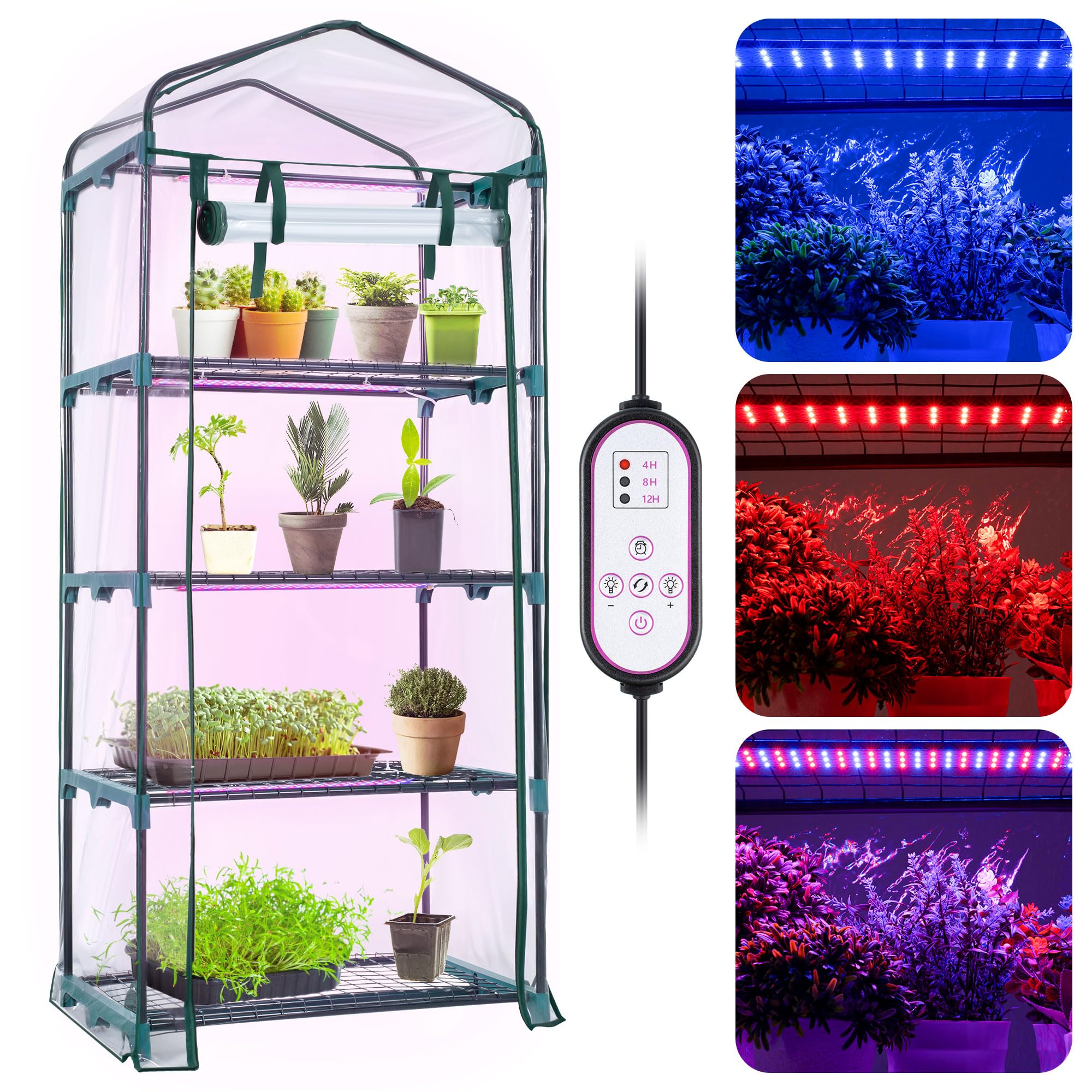 Meonum Indoor Greenhouse setup with four shelves for seed trays and compact footprint.