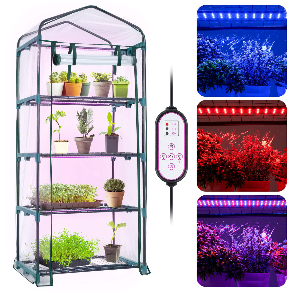 Meonum Indoor Greenhouse setup with four shelves for seed trays and compact footprint.