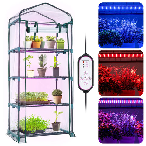 Meonum Indoor Greenhouse setup with four shelves for seed trays and compact footprint.