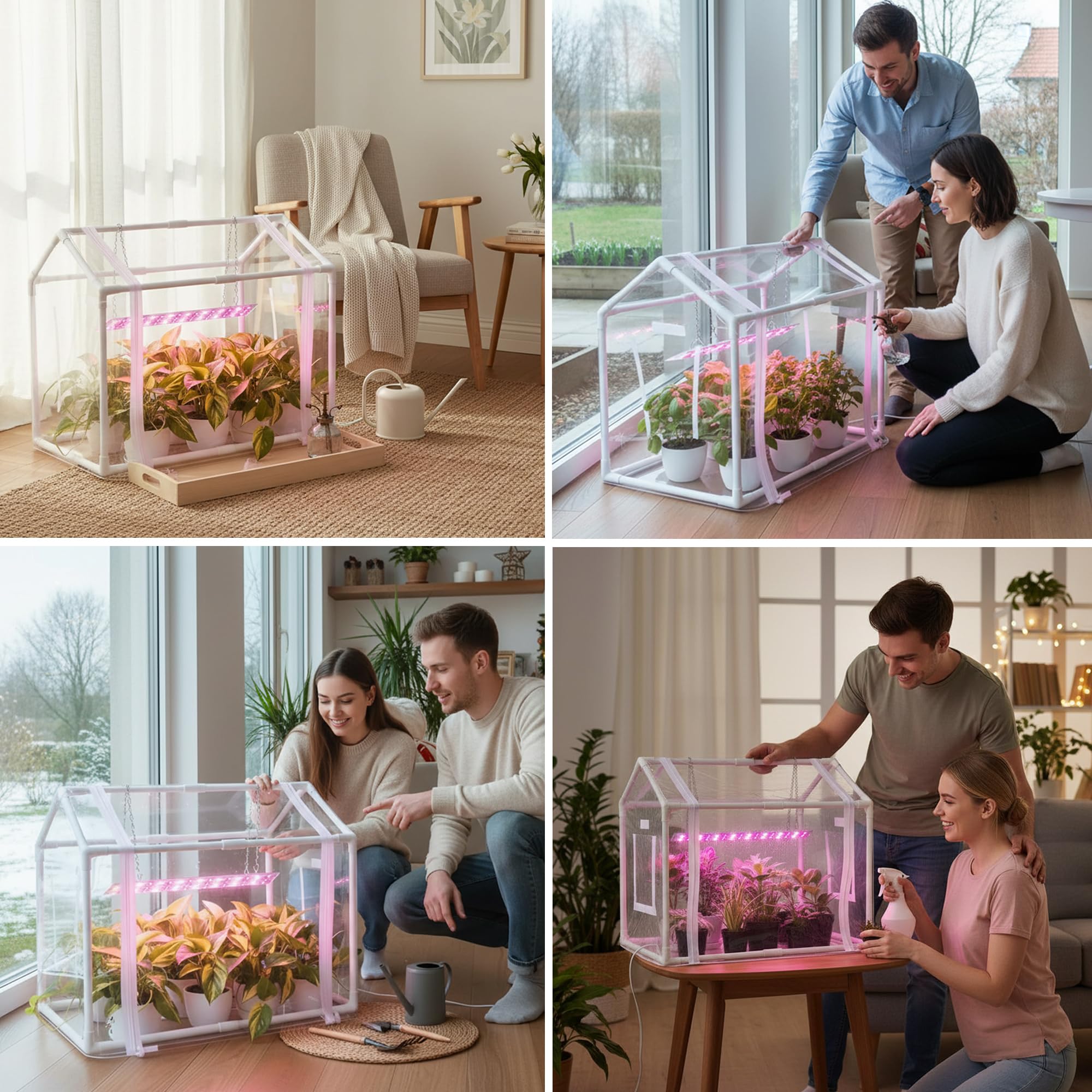 Meonum mini greenhouse LED dimmable-lights provide adjustable brightness for plant growth.