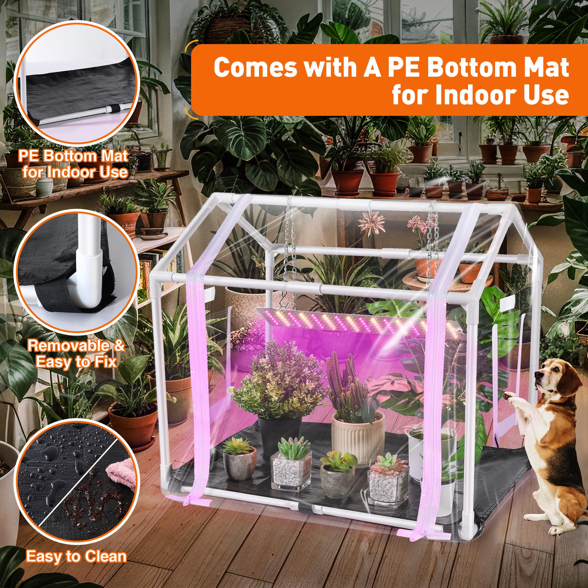 Meonum Mini Greenhouse with Waterproof Bottom Mat protects floors during watering.
