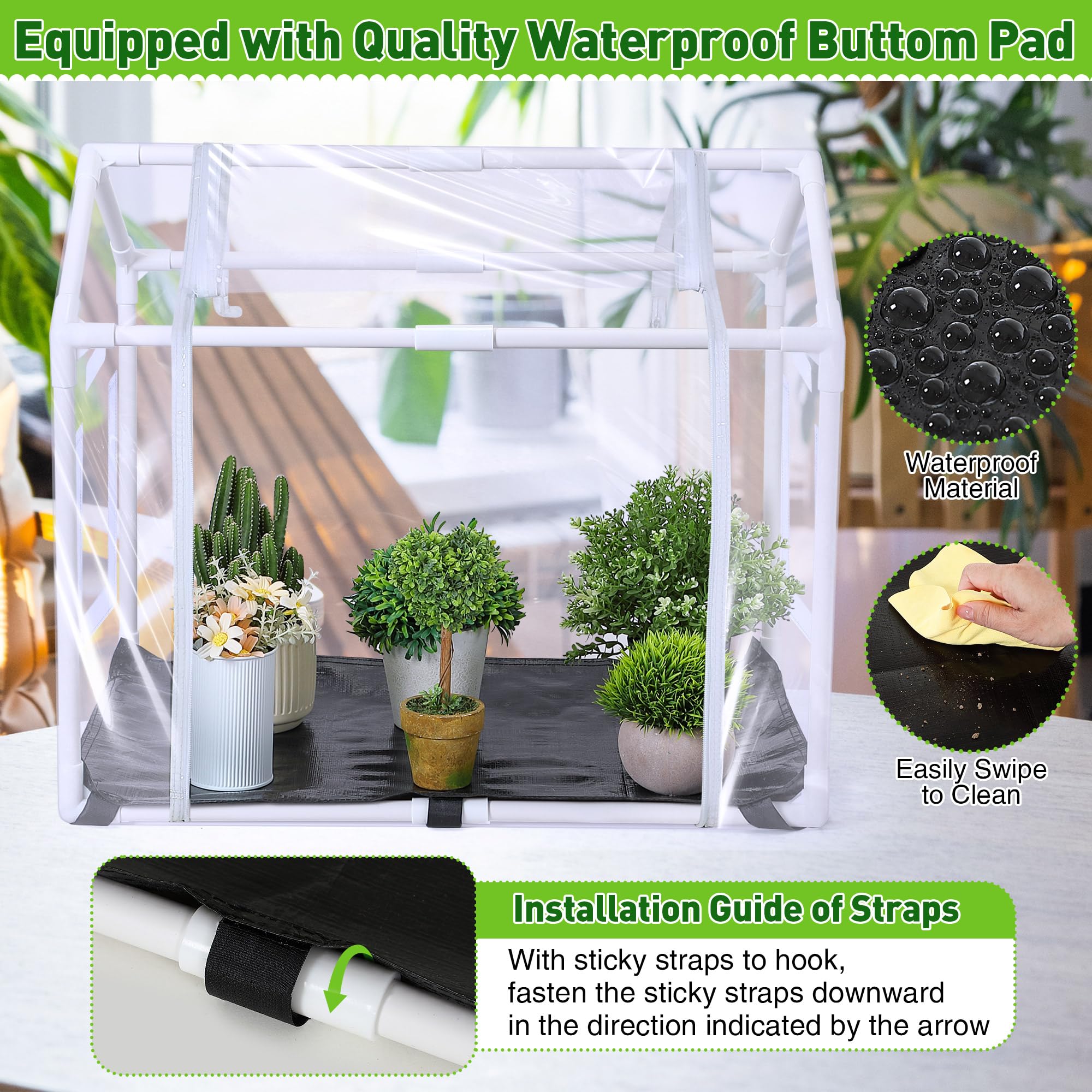 Meonum mini greenhouse roll-up door enables quick temperature control.