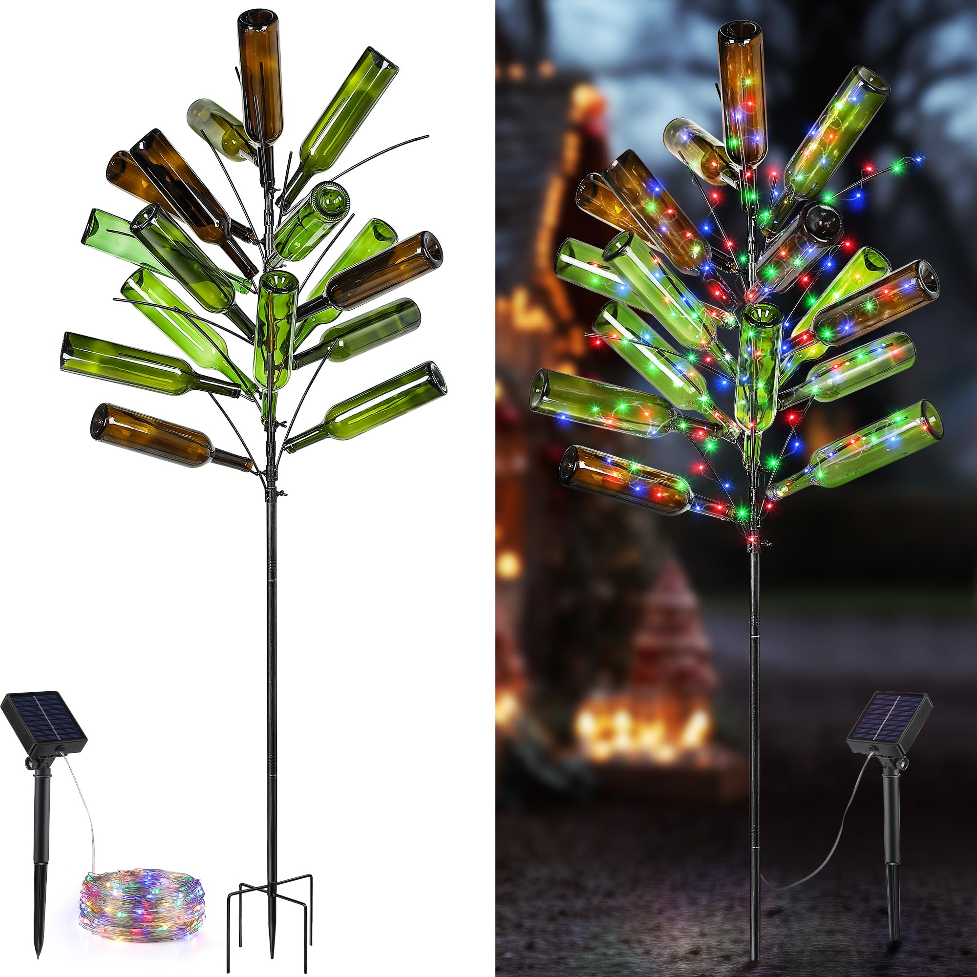 Meonum Solar Light Bottle Tree front view glowing at dusk for garden ambiance