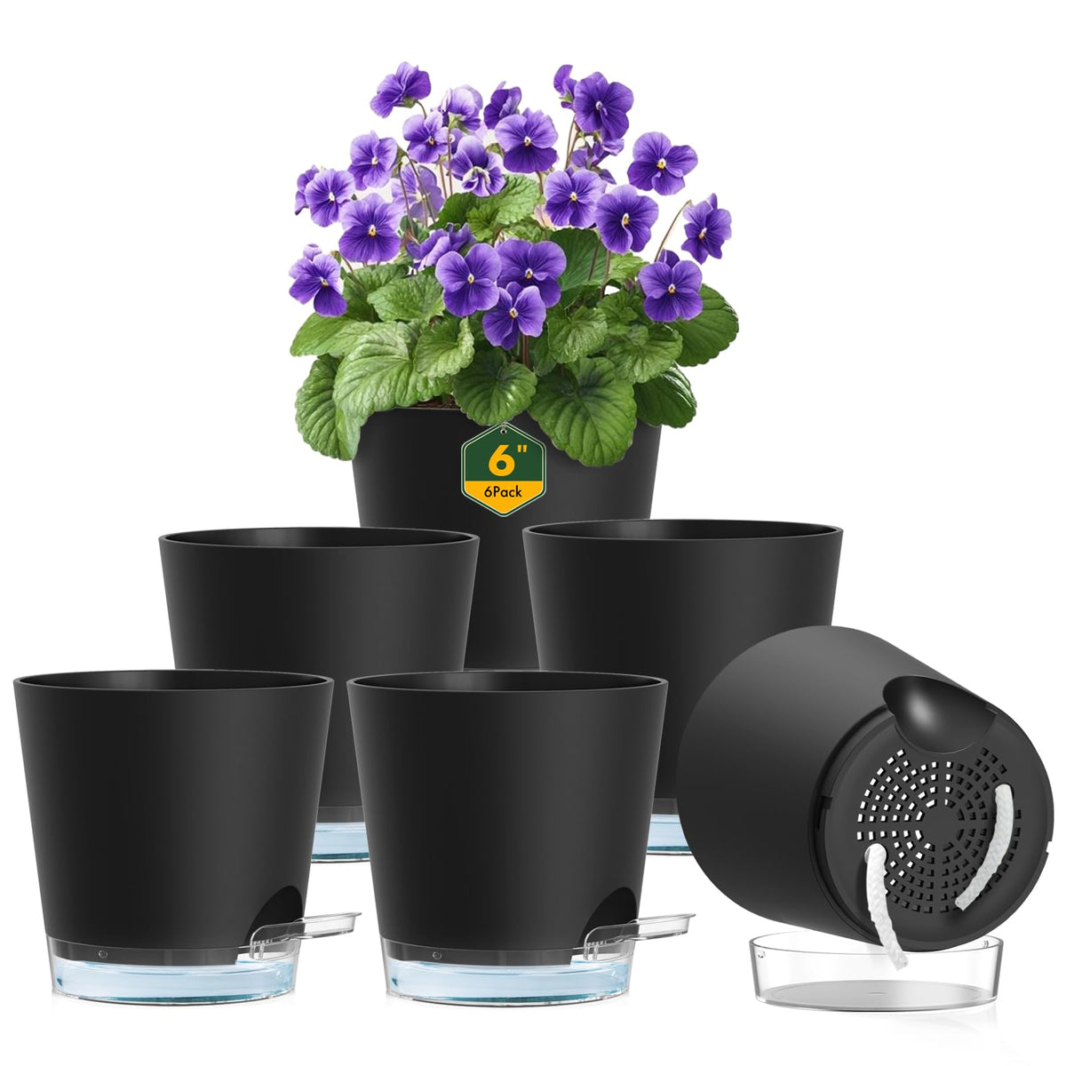 Meowell 6-inch self-watering pot with drainage holes maintains soil moisture.