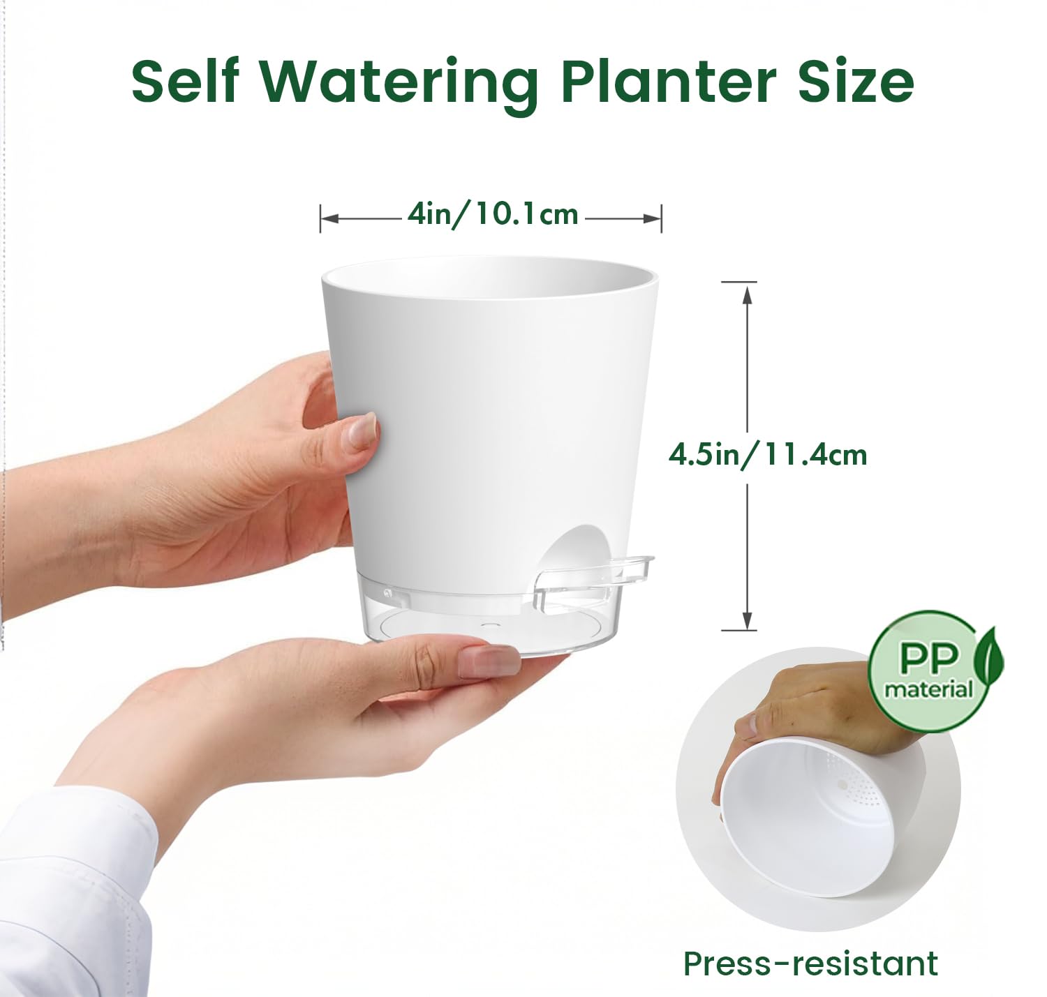 Meowell white pot shows drainage holes and detachable saucer for monitoring soil moisture.