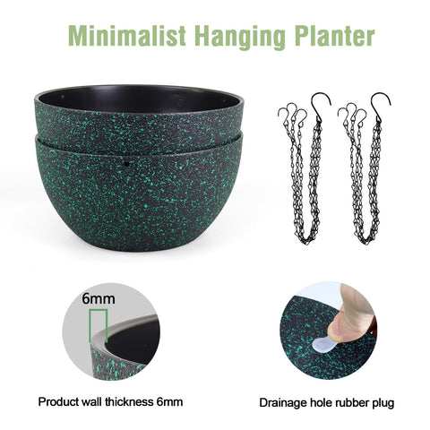 Meowell hanging planter in black with green speckles adds modern style.