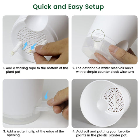 Meowell self-watering system uses a wick rope to hydrate roots automatically.