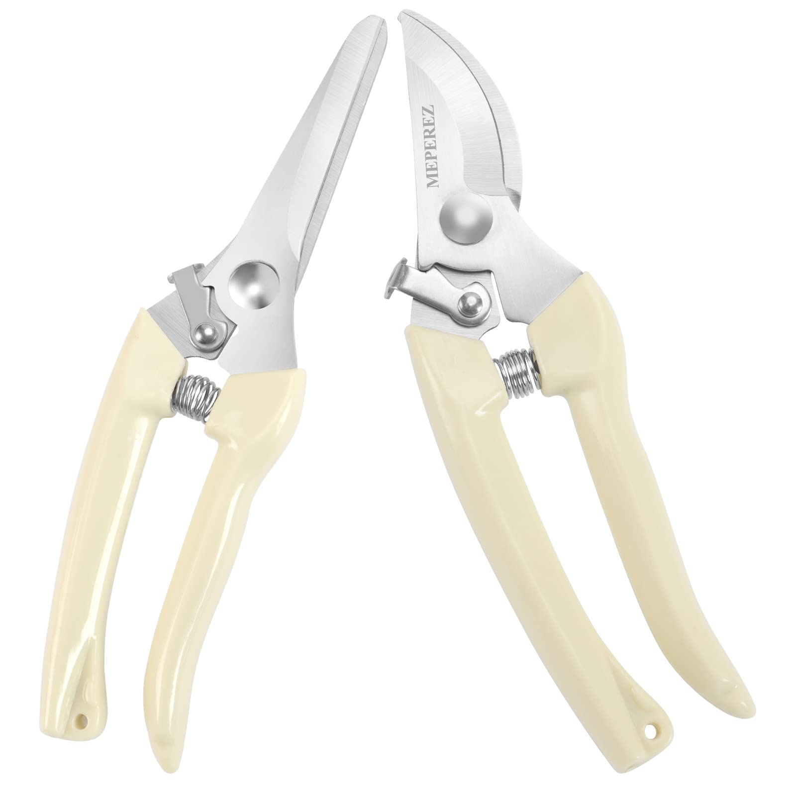 MEPEREZ premium garden shears blade closeup showing sharp, rust-resistant blades for precise pruning.