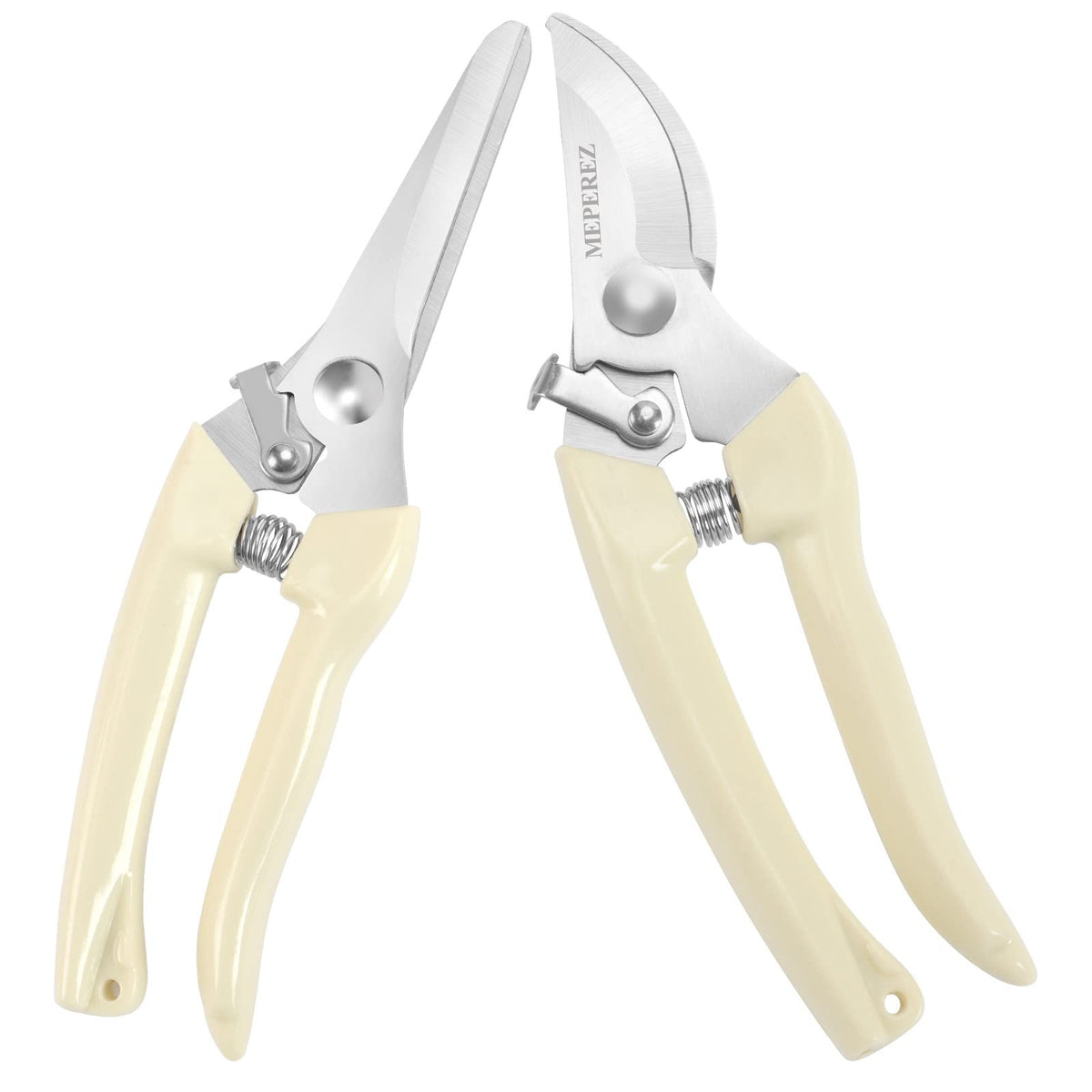 MEPEREZ premium garden shears blade closeup showing sharp, rust-resistant blades for precise pruning.