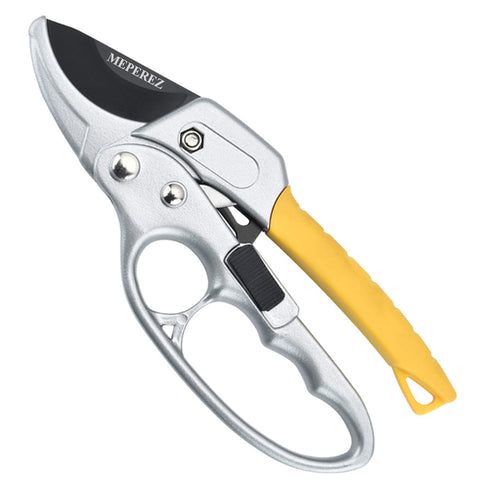 MEPEREZ Premium Germany Pruning Shears close-up shows strong, durable build for long pruning sessions.