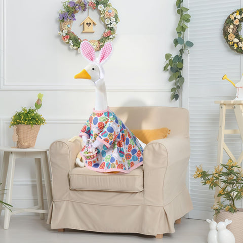 MEPIG goose outfit on statue creates a charming garden focal point.