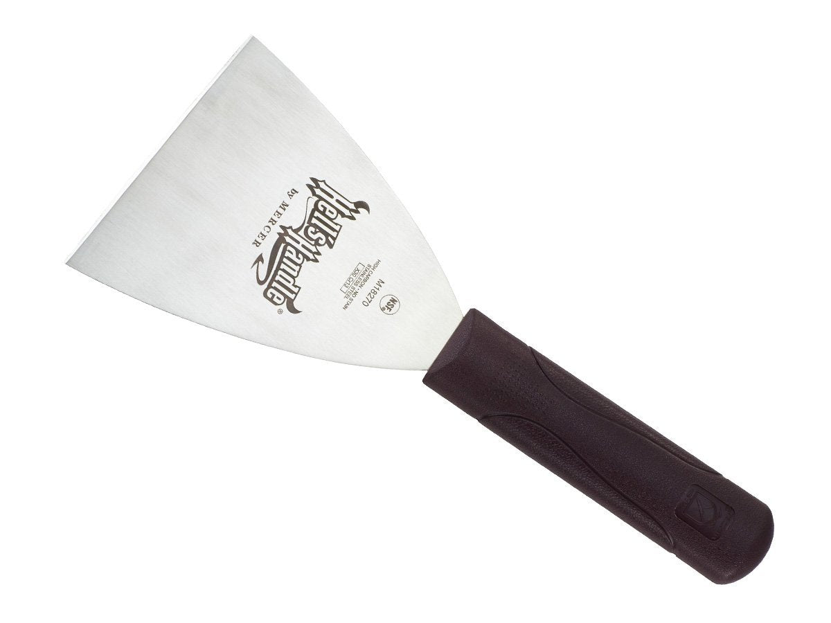 Mercer Culinary Hell's Handle grill scraper blade close-up shows precision-ground edge for precise cleaning.