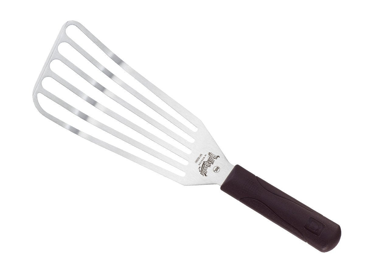 Mercer Culinary Hell's Handle large fish turner front view with cool-touch grip.