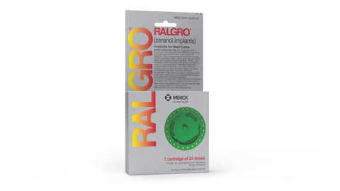 Merck Animal Health Ralgro implant cartridge showing 24-dose packaging and cibled use in cattle management.