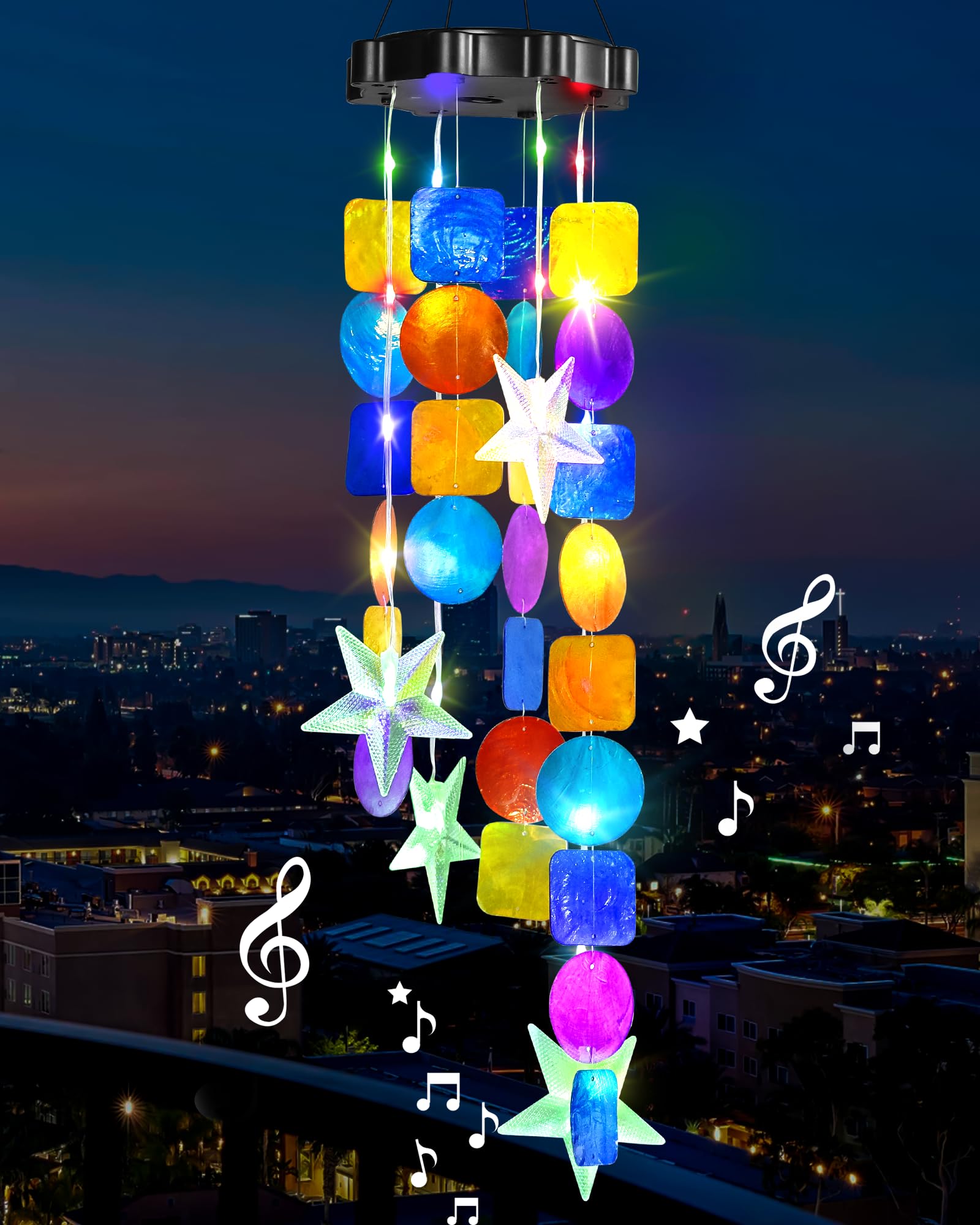 MERRIMAX M solar wind chimes with shells on garden glow at dusk for ambience