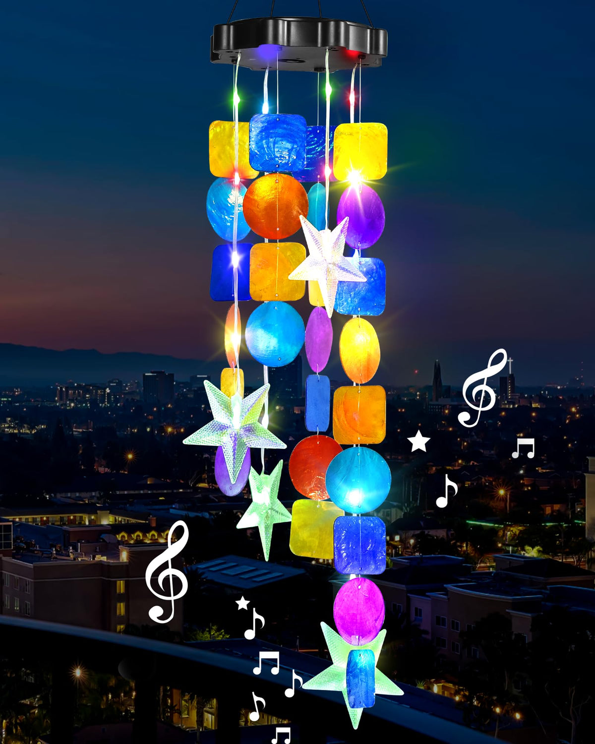 MERRIMAX M solar wind chimes with shells on garden glow at dusk for ambience