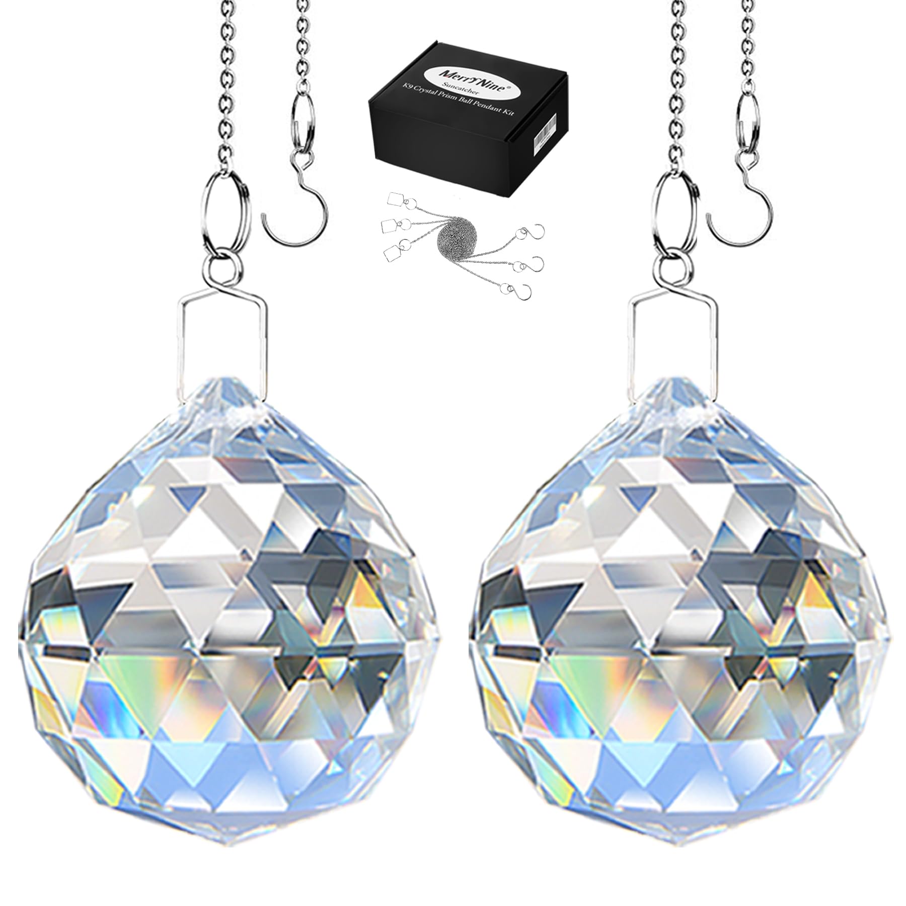 MerryNine crystal ball prism closeup catching sunlight to cast rainbow reflections.