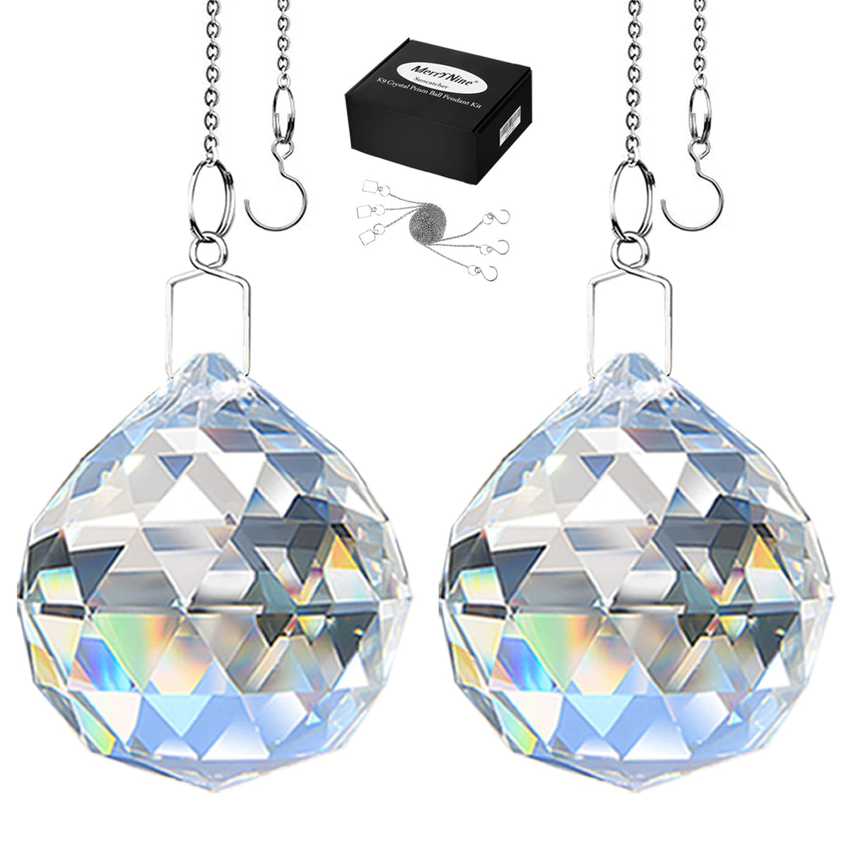 MerryNine crystal ball prism closeup catching sunlight to cast rainbow reflections.