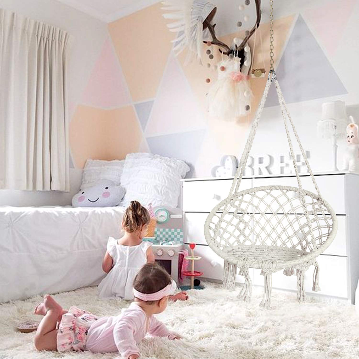 Mertonzo off-white hammock chair complements bedrooms and patios.