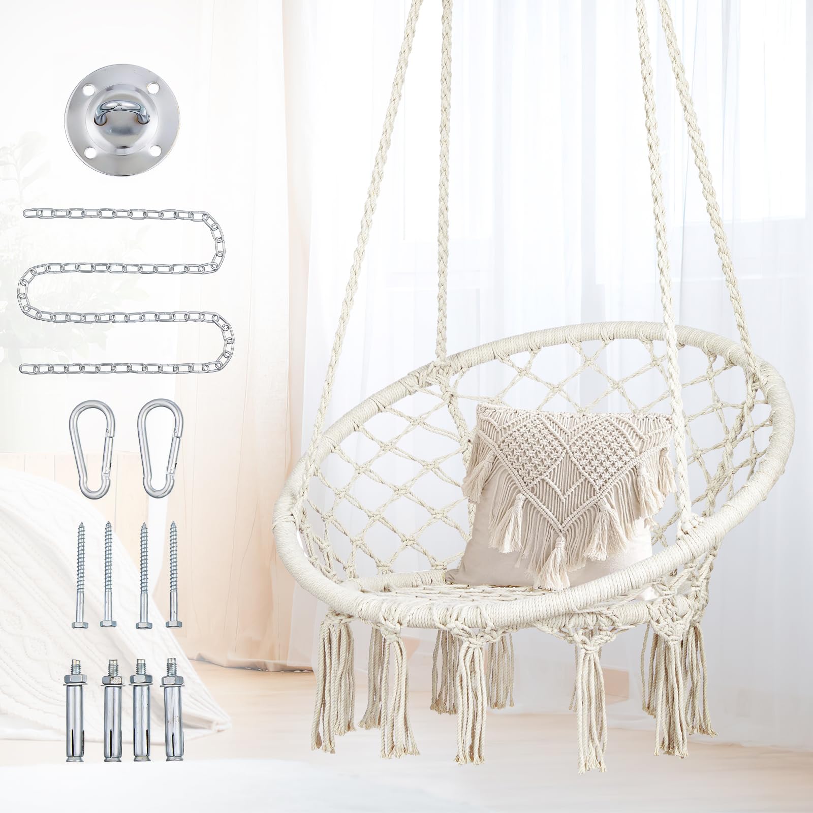 Mertonzo macrame hammock chair seat weave showcases ergonomic support for relaxed lounging.