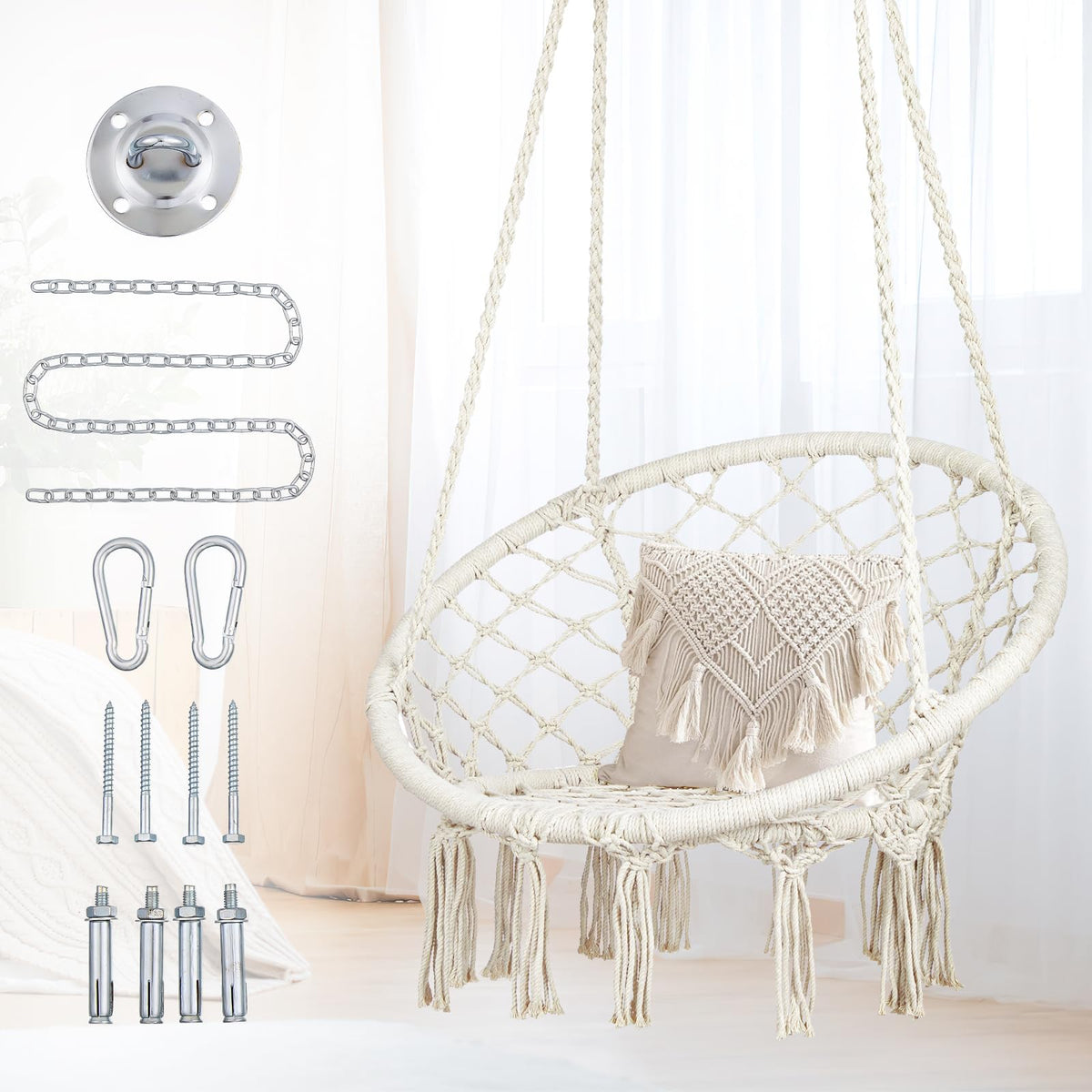 Mertonzo macrame hammock chair seat weave showcases ergonomic support for relaxed lounging.