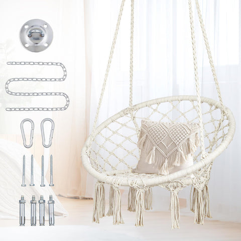 Mertonzo macrame hammock chair seat weave showcases ergonomic support for relaxed lounging.