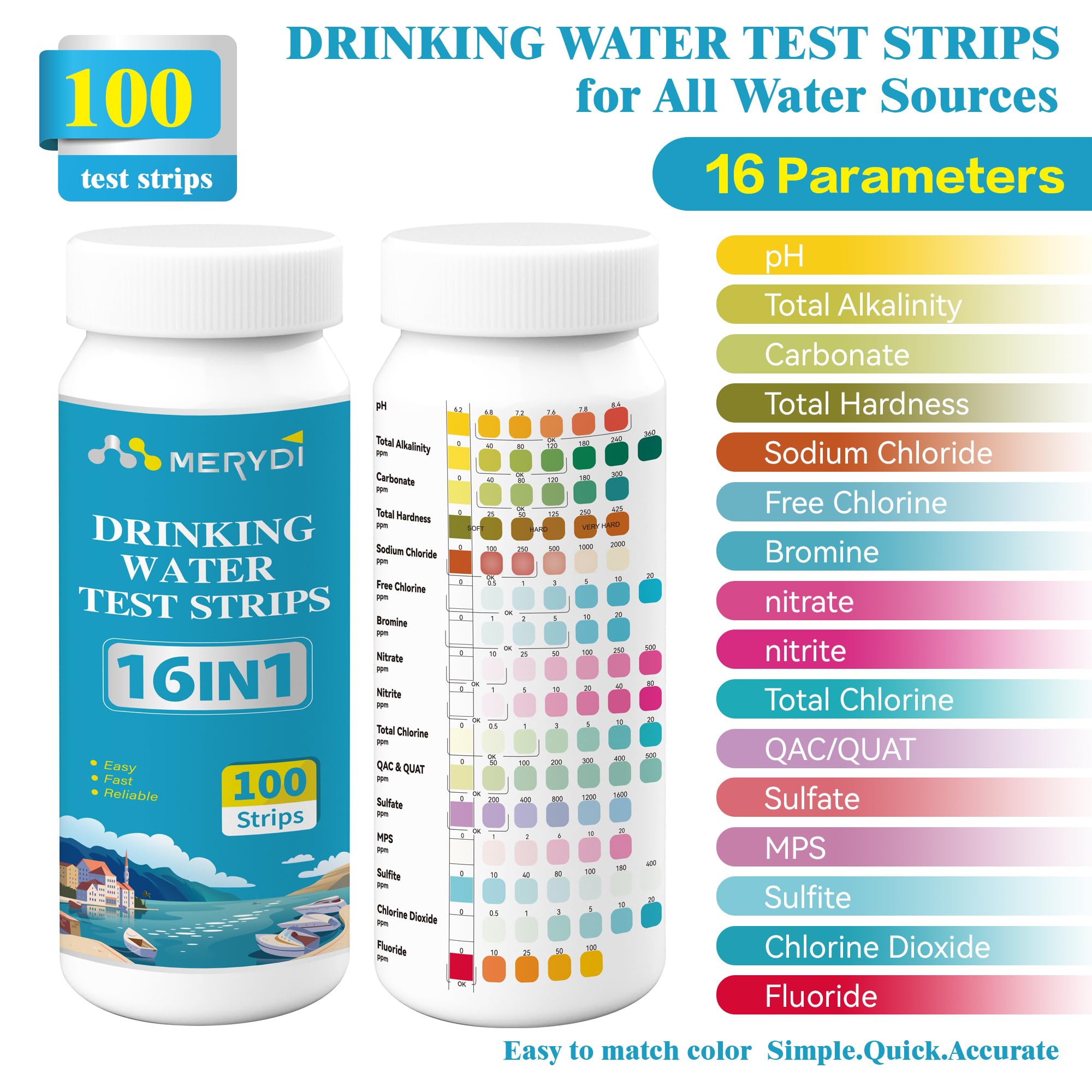 Merydi 16-in-1 water test strips measure alkalinity at home