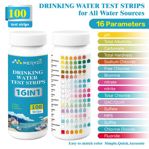Merydi 16-in-1 water test strips measure alkalinity at home