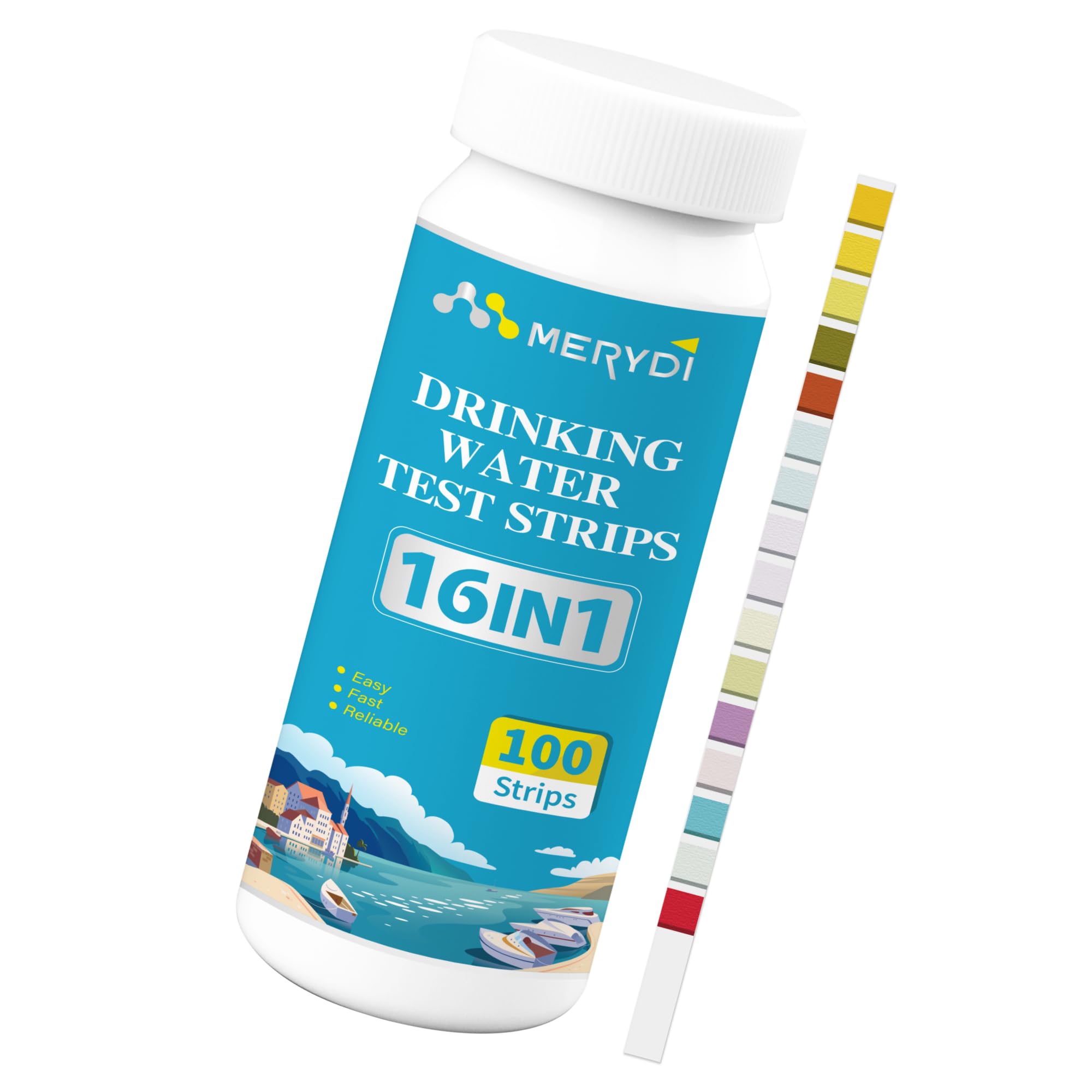 Merydi 16-in-1 water test strips measure pH balance and safety