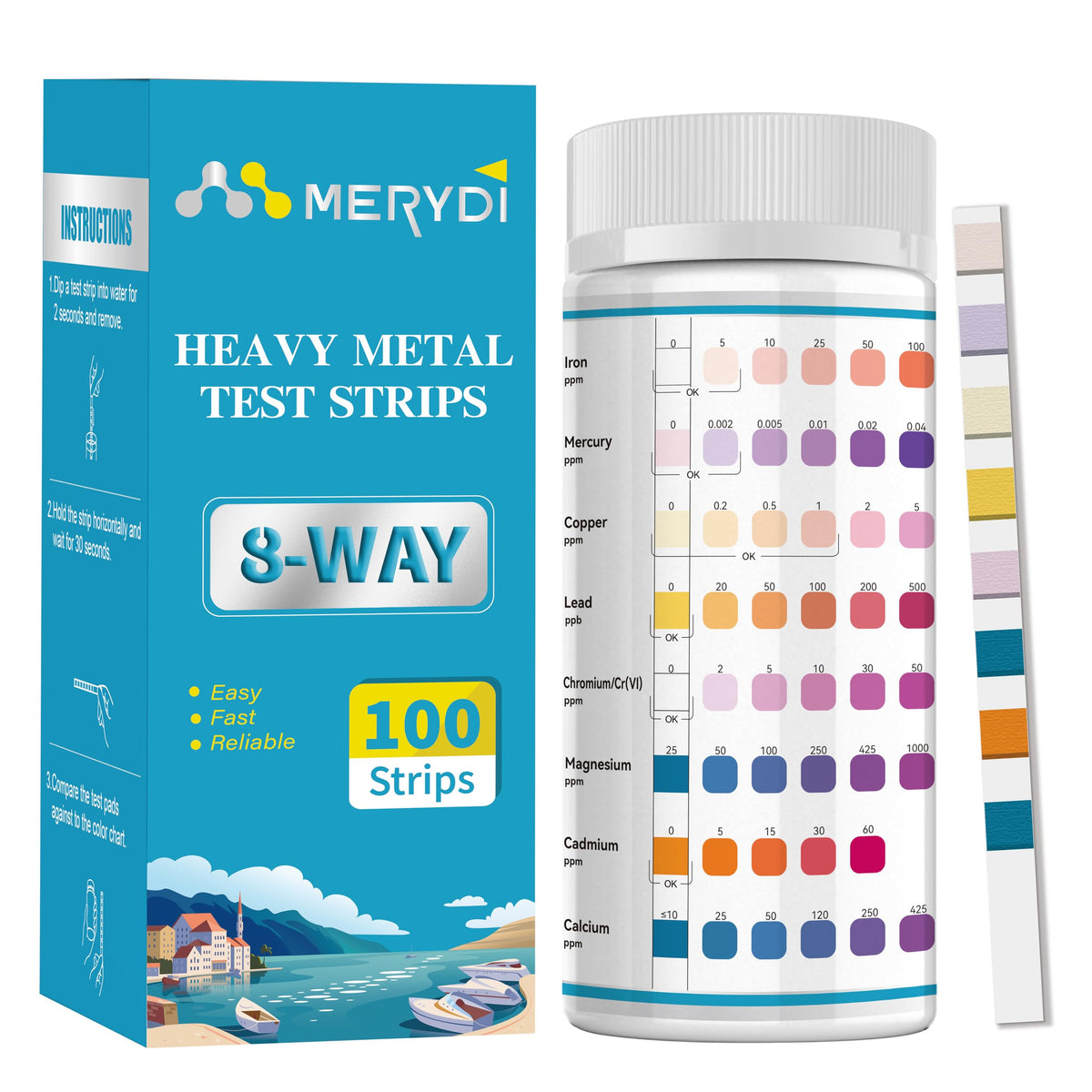 Merydi heavy metals test strips 100ct pack for ongoing water checks