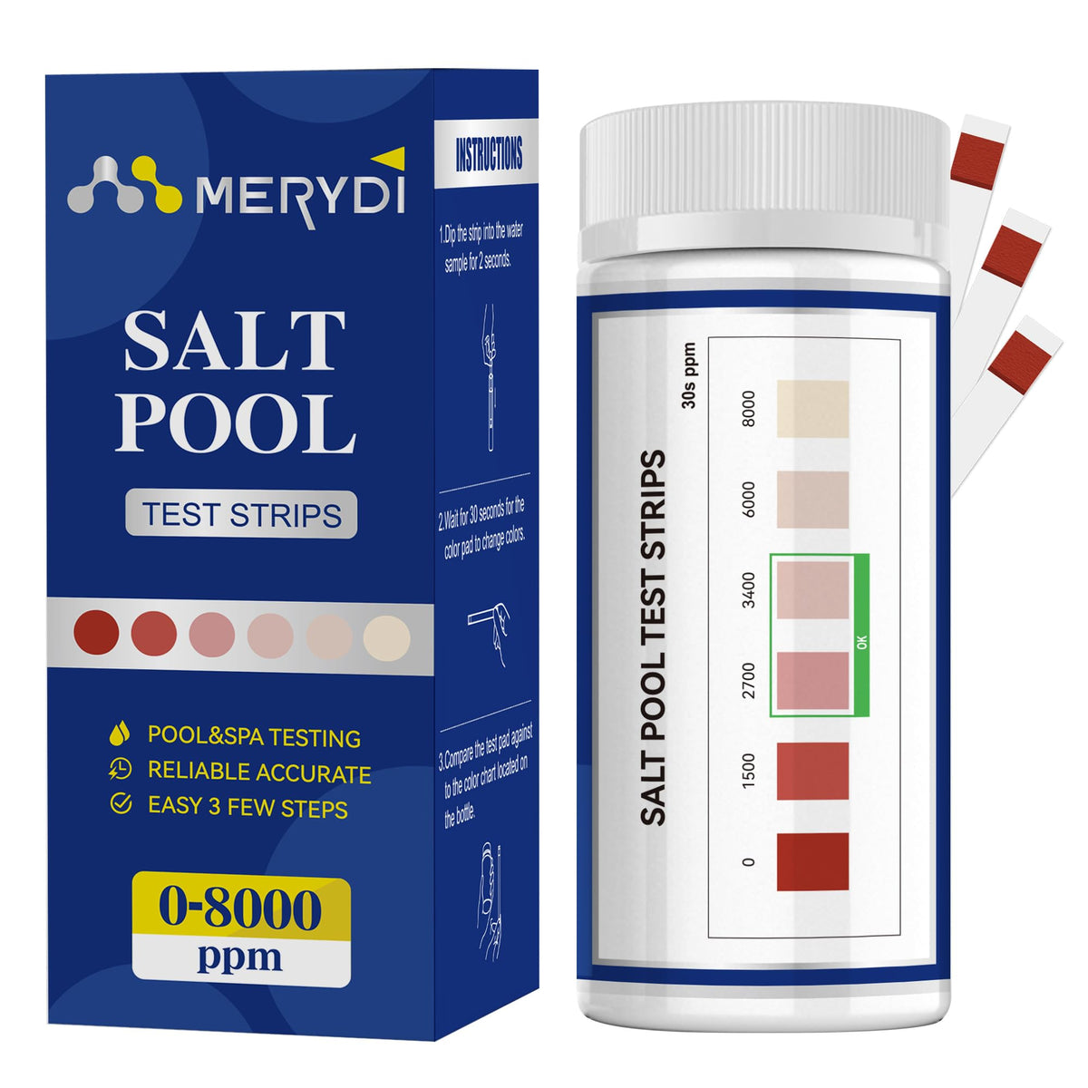 Merydi Saltwater Test Strips bottle front for reliable salinity readings