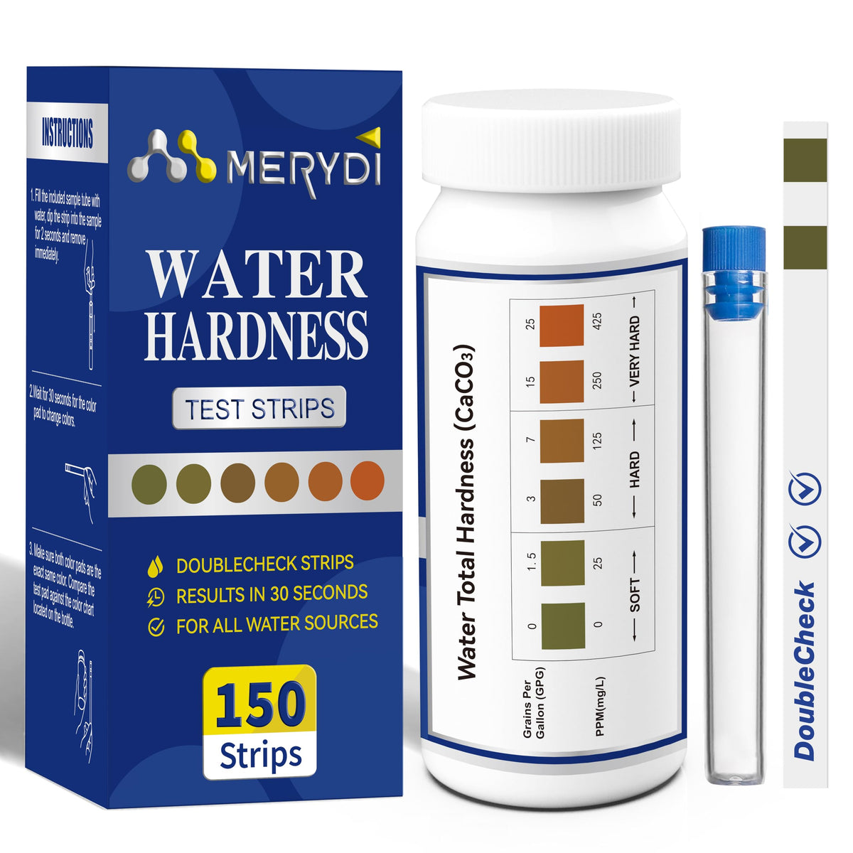 Merydi water hardness test kit with 150 strips and container for easy home testing.