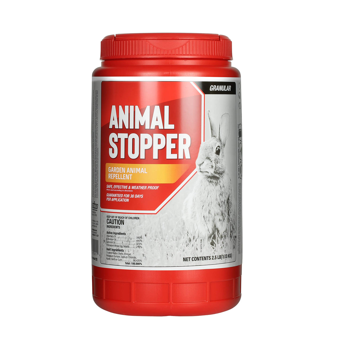 Messinas Animal Stopper Granular bag closeup showing natural pest repellent granules for gardens.