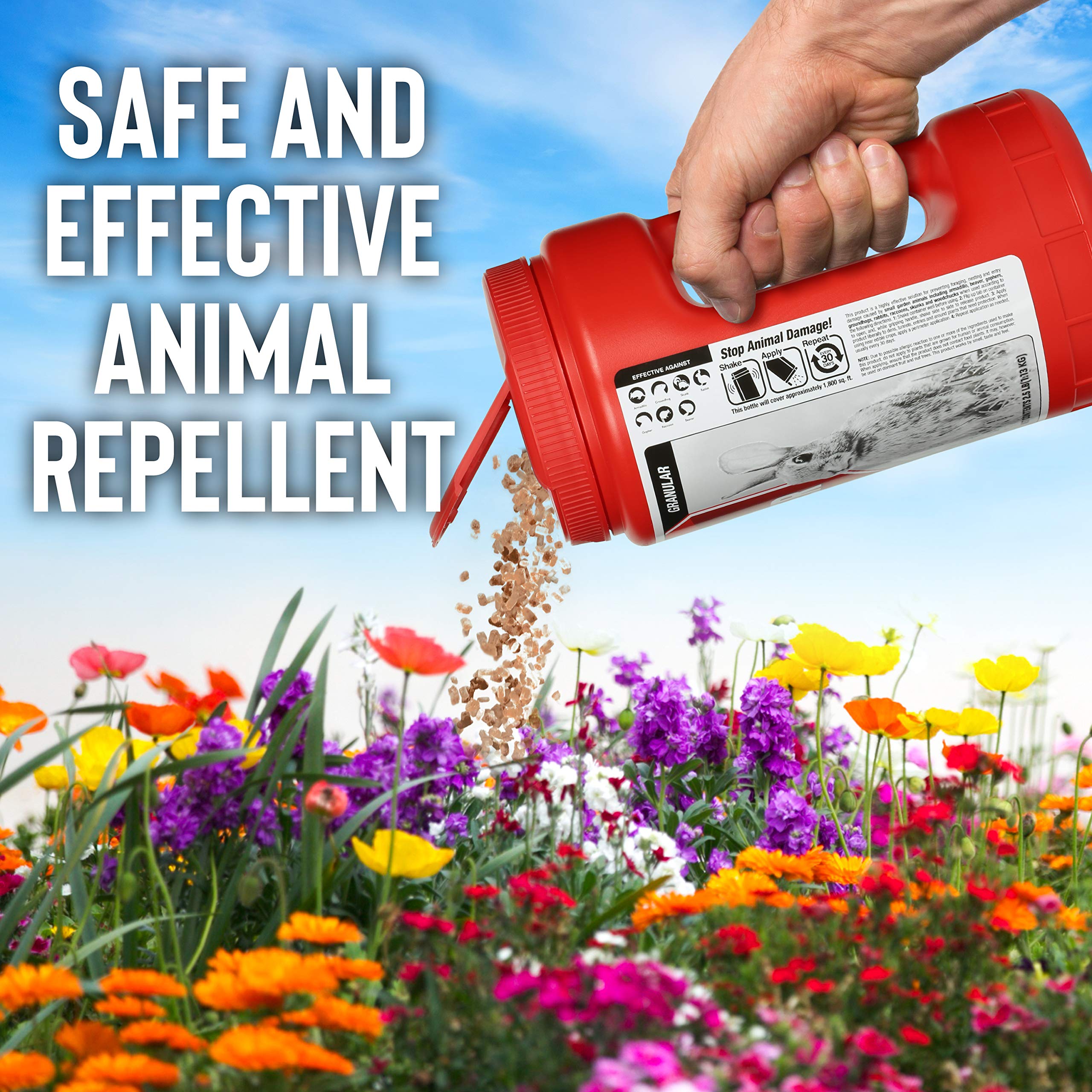 Messinas Animal Stopper Granular garden bed scene emphasizing yard protection.