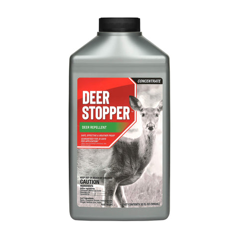 Messinas Deer Stopper quart concentrate bottle ready to deter deer in home gardens.