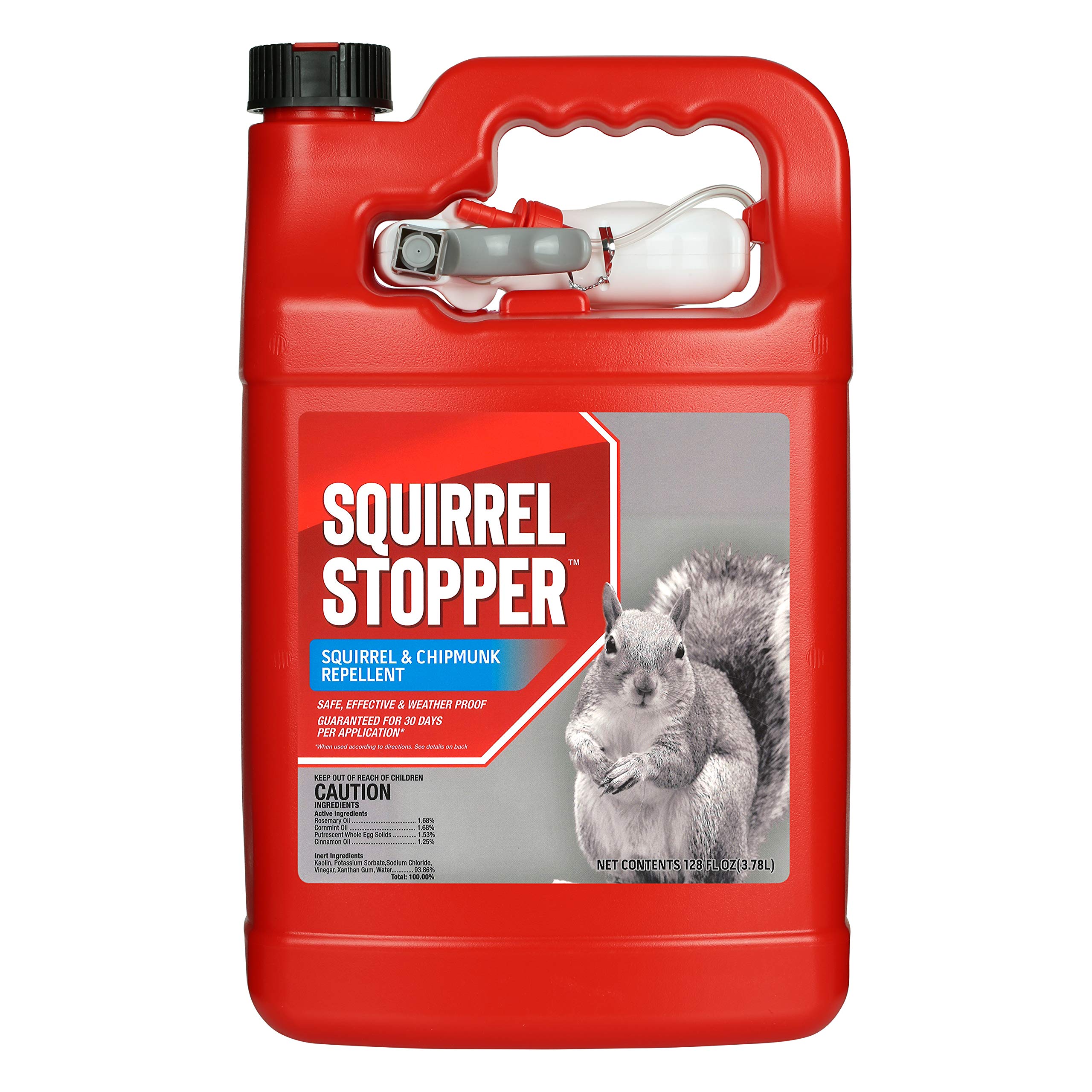 Messinas Squirrel Stopper bottle demonstrates easy outdoor application to deter squirrels.