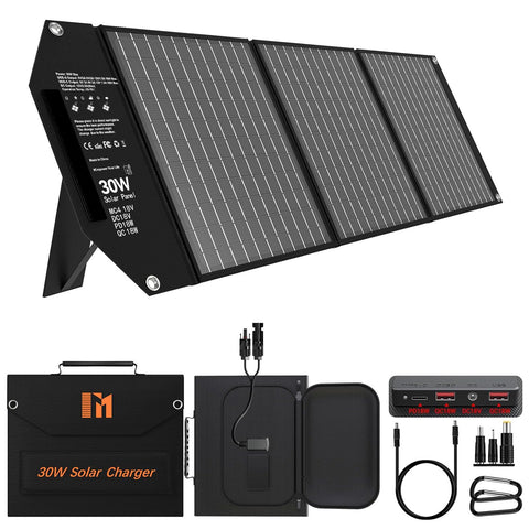 Mesuvida 30W folded solar panel front view for compact backpacking charging