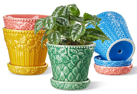 Metahom ceramic pot with embossed rim pattern adds cheerful decor to shelves.