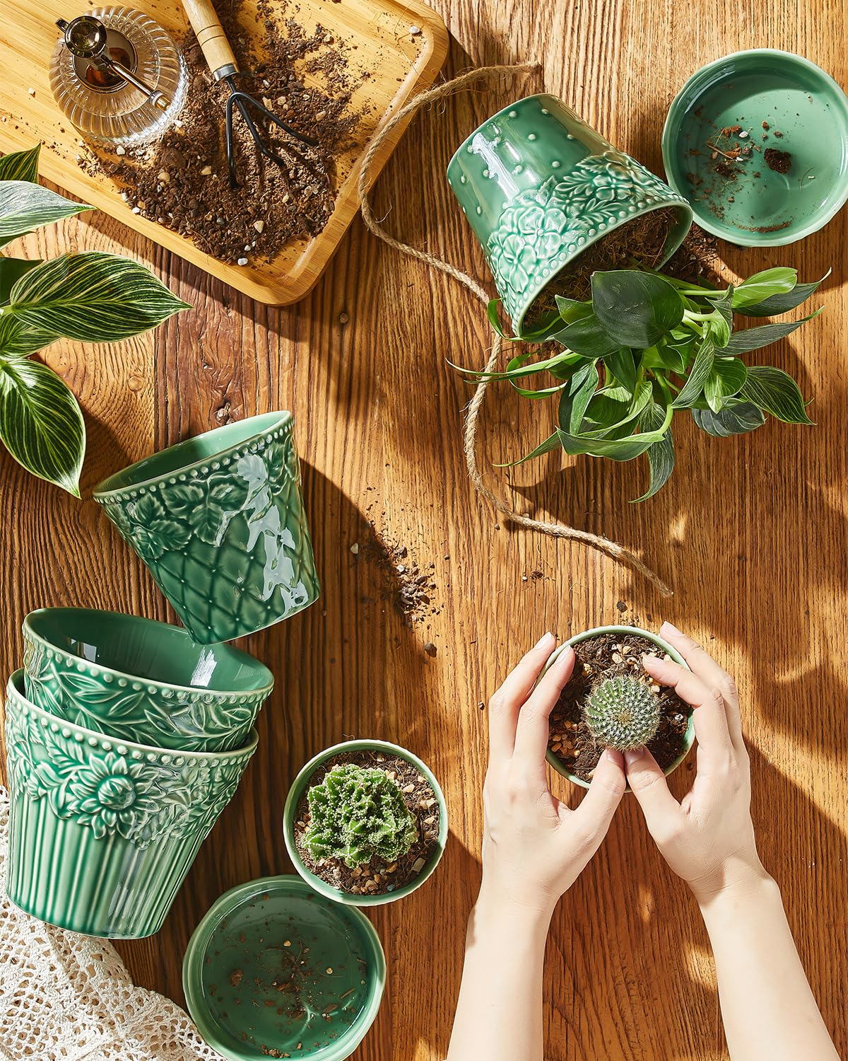 Metahom pot with drainage hole and saucer to protect surfaces