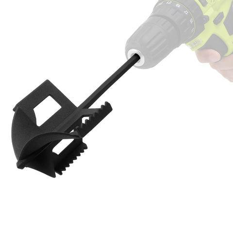 Metlead 4-in-1 cultivator attached to a drill loosens raised bed soil.