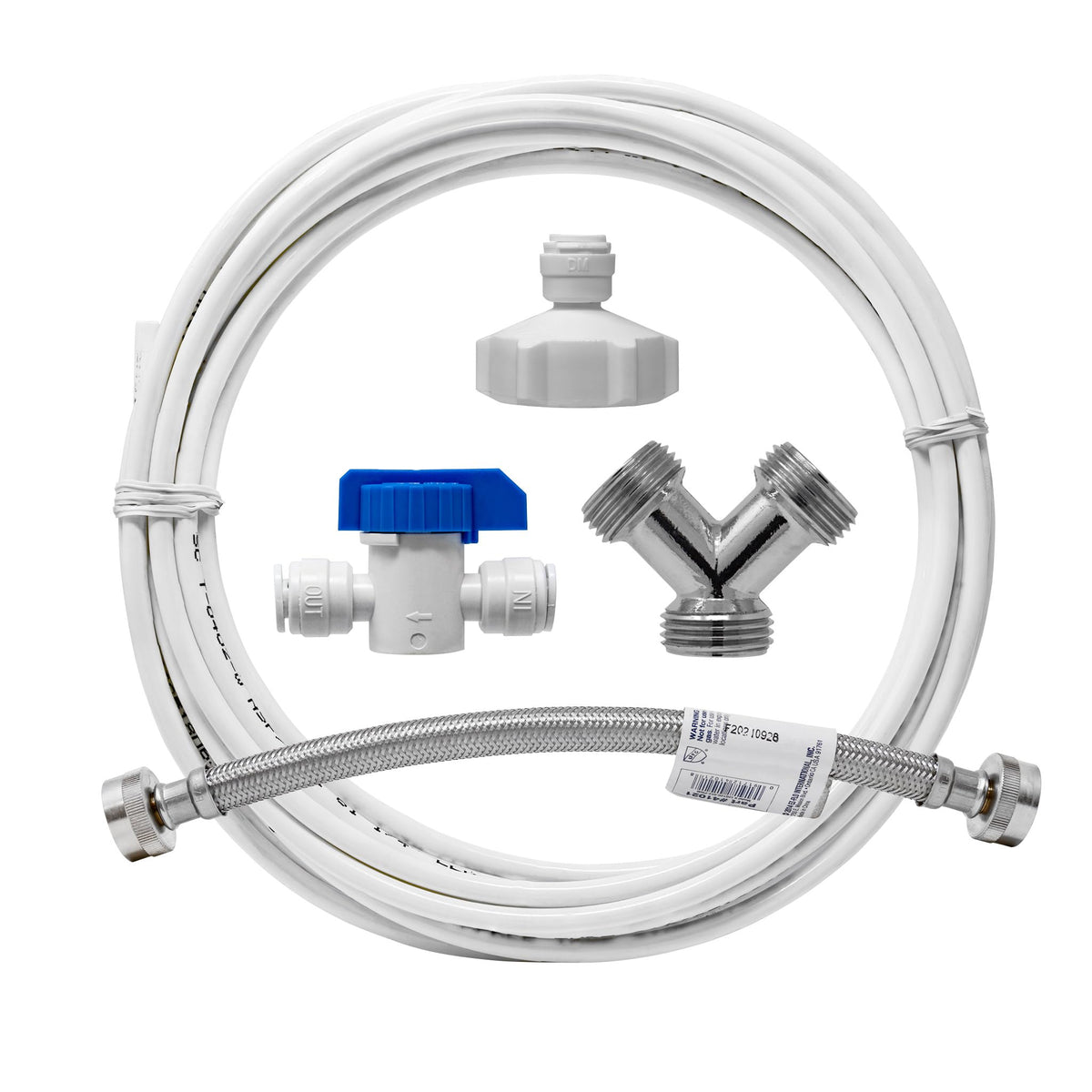 Metpure washer water feed line splitter enabling dual water supply options.