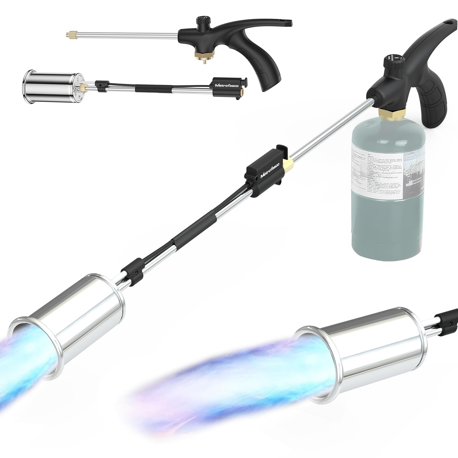 MetroTesco propane torch weed burner flame close-up for weed control