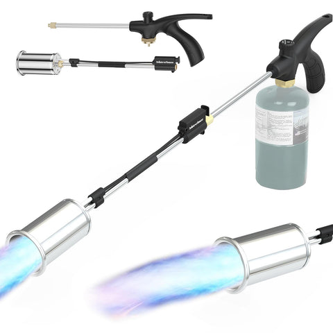 MetroTesco propane torch weed burner flame close-up for weed control