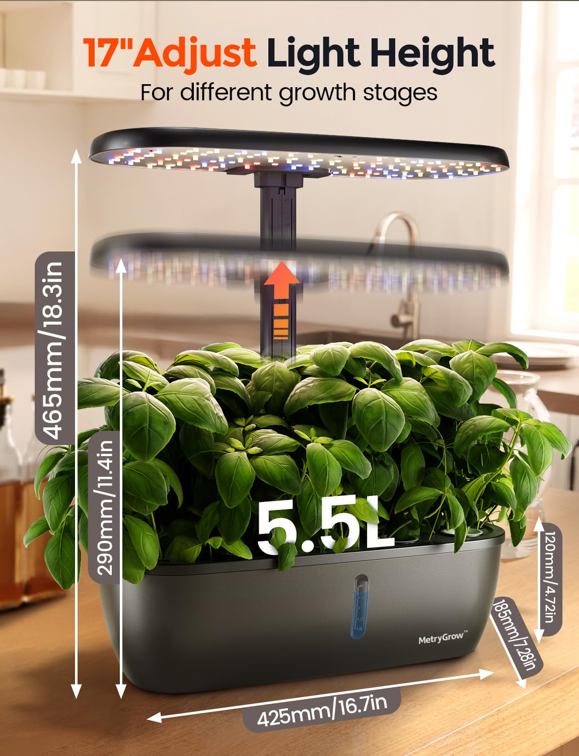 MetryGrow MG-15 5.5L tank reduces refills for busy households.