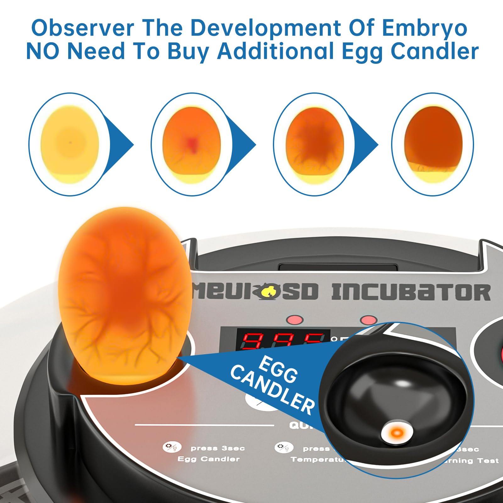 Meuiosd incubator built-in egg candler lets you monitor development clearly.