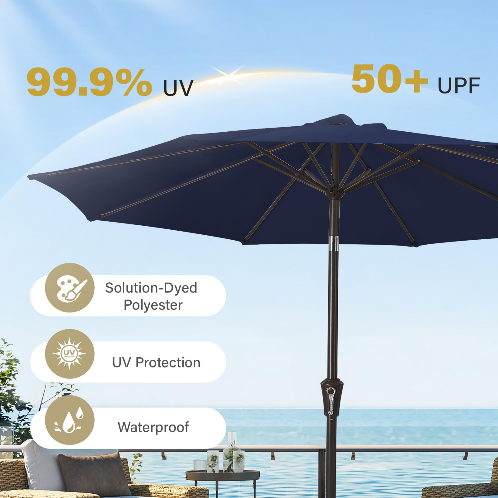 MEWAY 9ft patio umbrella eight-rib frame for stability.