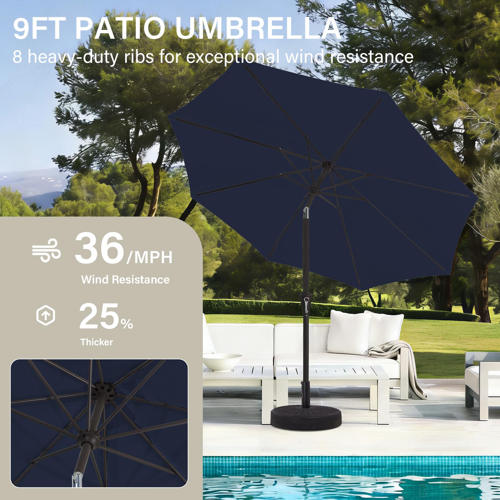 MEWAY 9ft patio umbrella crank lift system for quick setup.