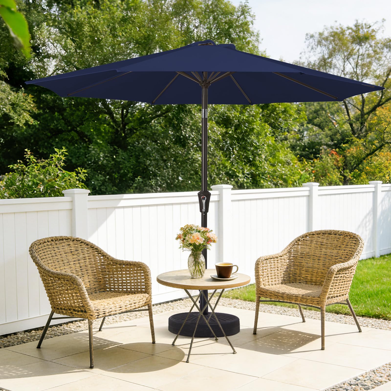 MEWAY 9ft patio umbrella open canopy demonstrates full shade coverage and breezy air flow.