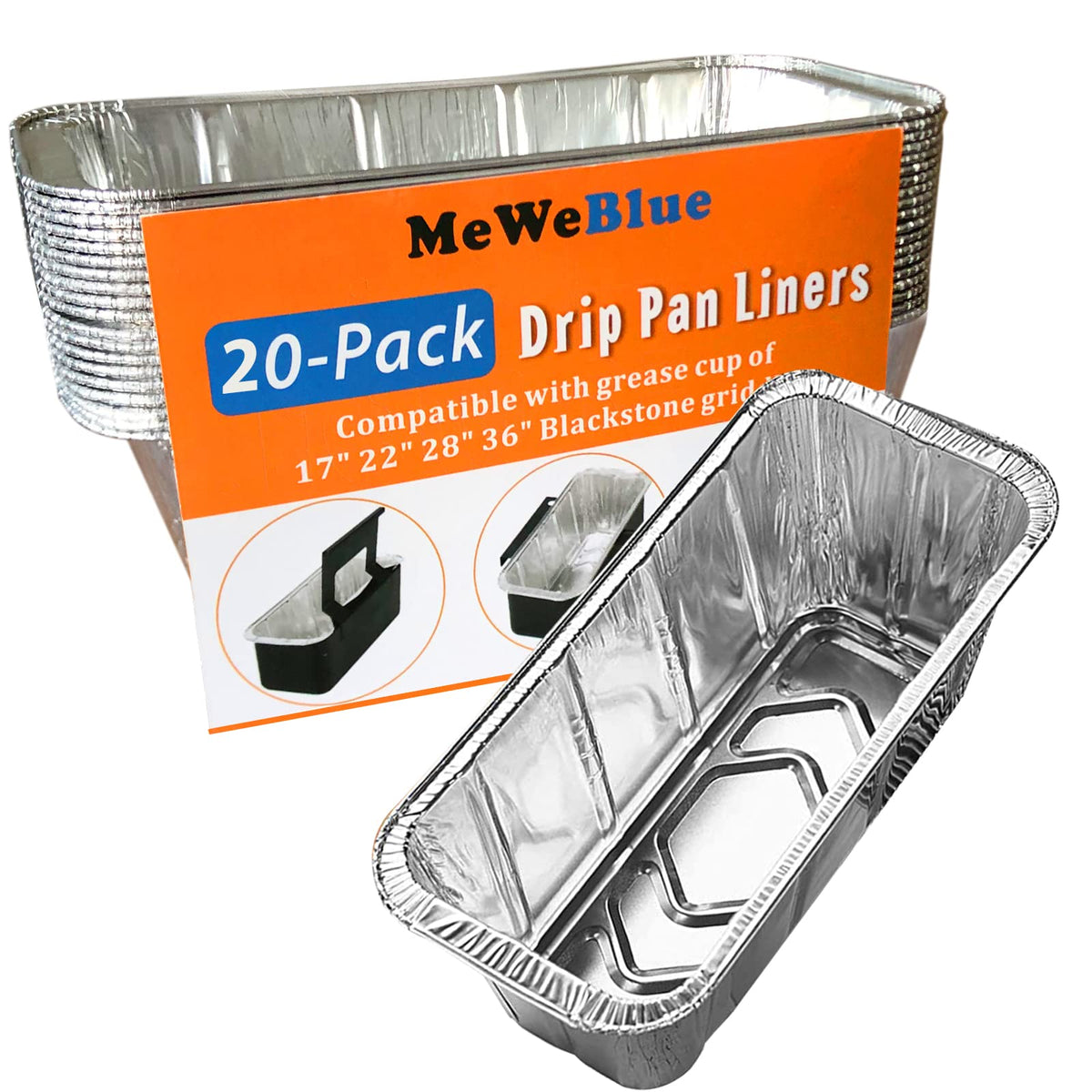 MeWeBlue grease cup shows universal fit for 17-36 inch Blackstone griddles for easy cleanup
